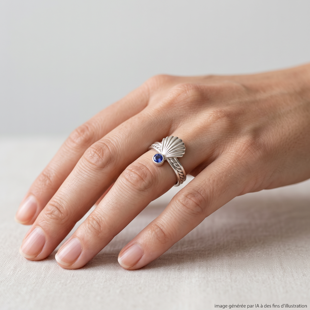 Bague Camino Argent Cordierite portée - photo générée par IA