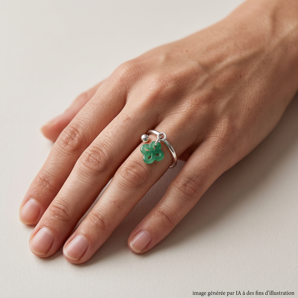 Bague Argent et Agate Verte Réglable portée - photo générée par IA