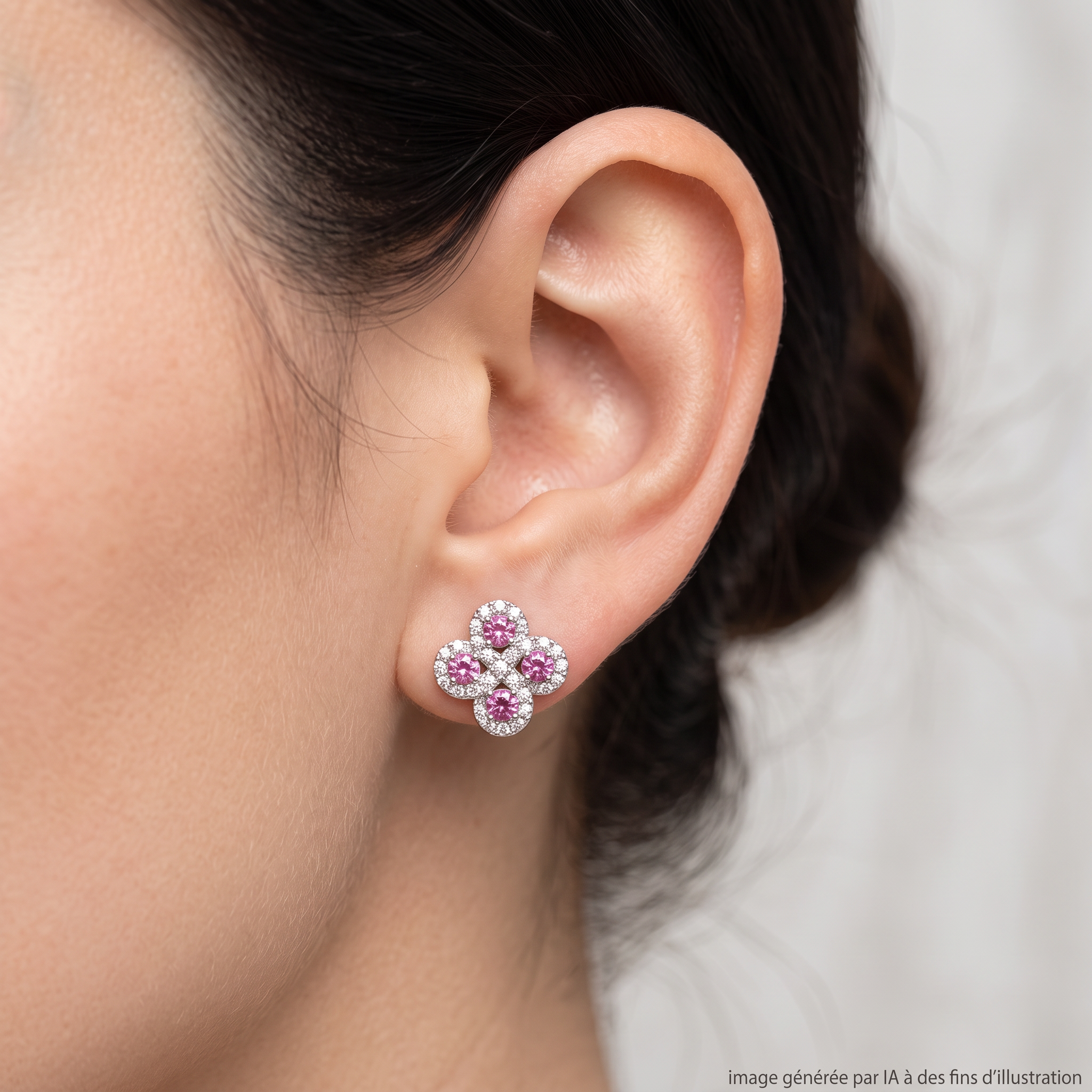 Boucles D'oreilles Argia Txiki Diamants Saphirs Roses Or Blanc portées - photo générée par IA