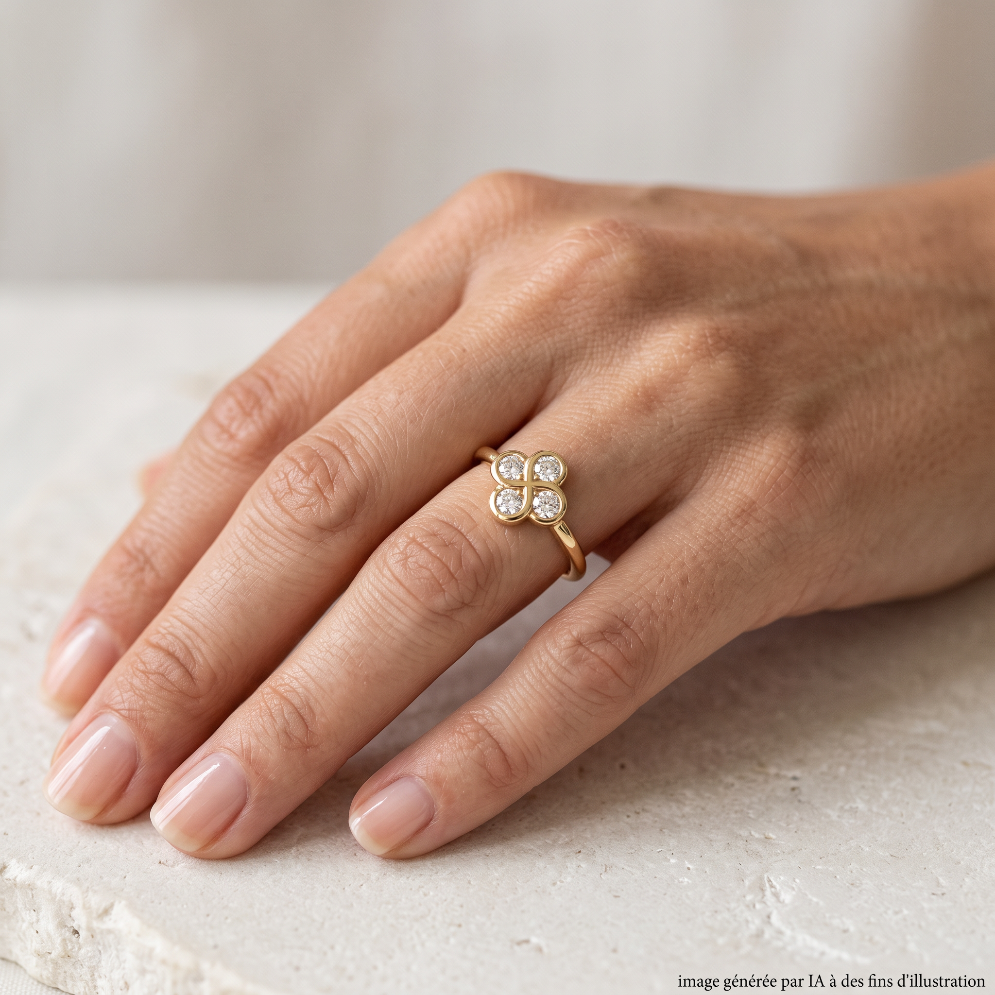 Bague Alaia Or Jaune et Diamants portée - photo générée par IA