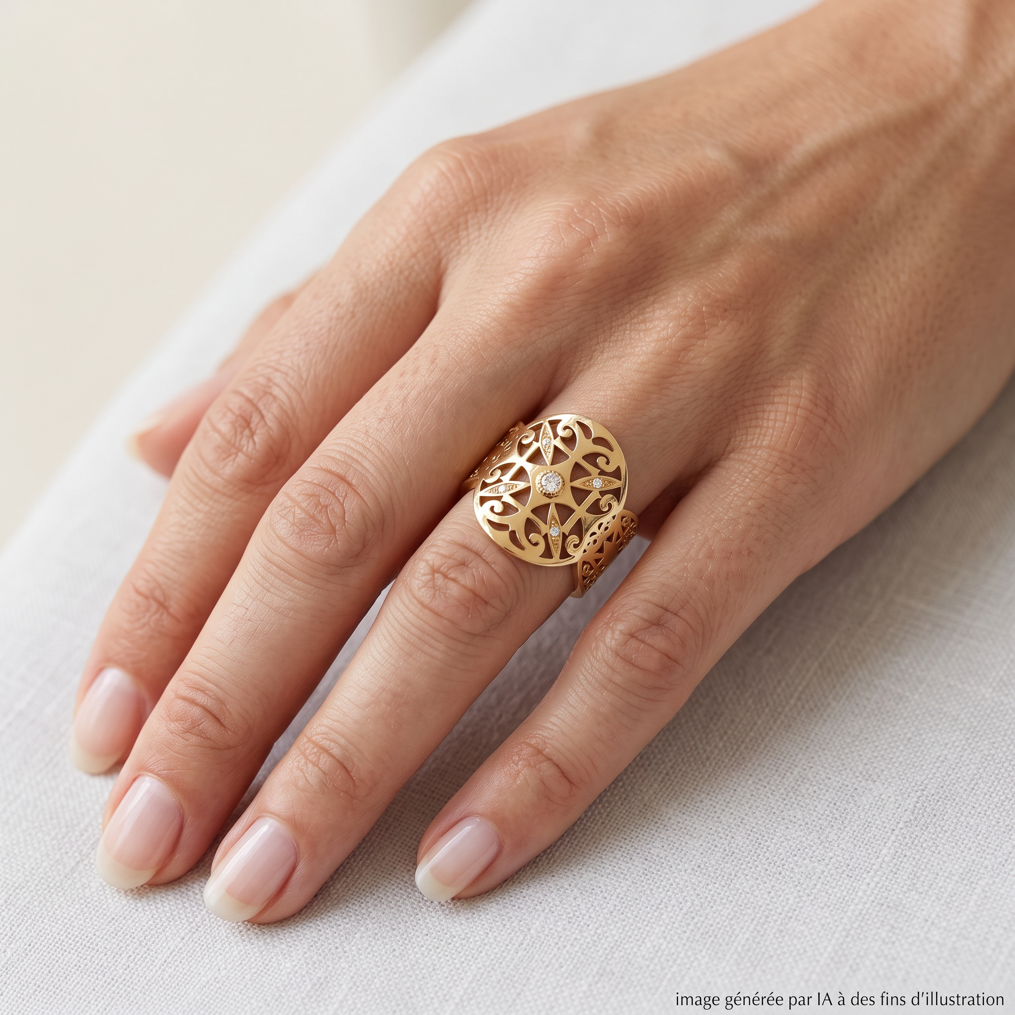 Bague 1644 Diamants et Or Jaune portée - photo générée par IA